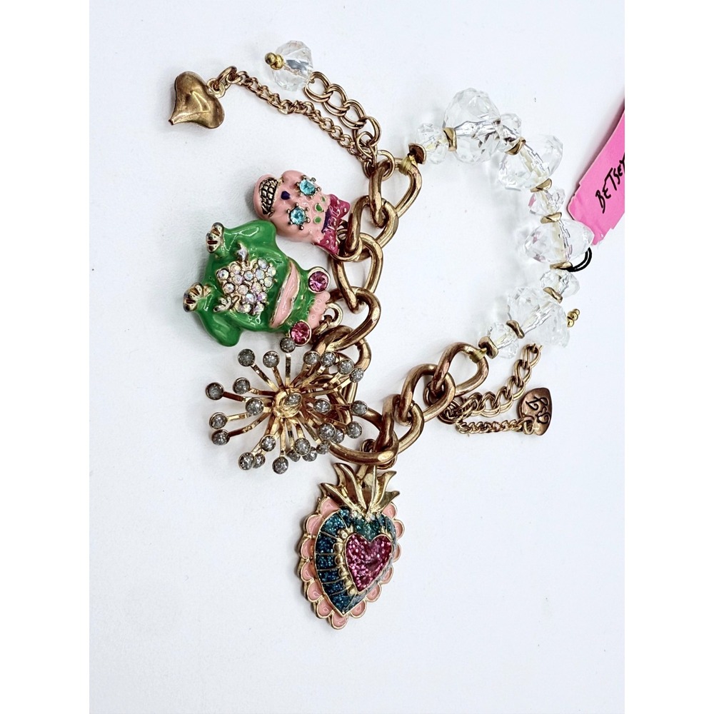 Rare Betsey Johnson Whimsical Charm Bracelet • Skull Frog Heart Crystal Y2K